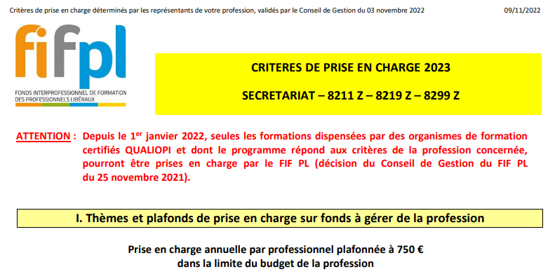 CRITERES DE PRISE EN CHARGE 2023 - SECRETARIAT – 8211 Z – 8219 Z – 8299 Z