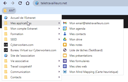 Menu AMT dans la barre des favoris de Google Chrome