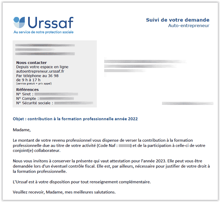 Le montant de votre revenu professionnel vous dispense de verser la contribution à la formation professionnelle due au titre de votre activité