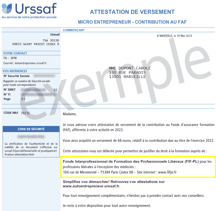 Exemple d'attestation - Contribution à la Formation Professionnelle